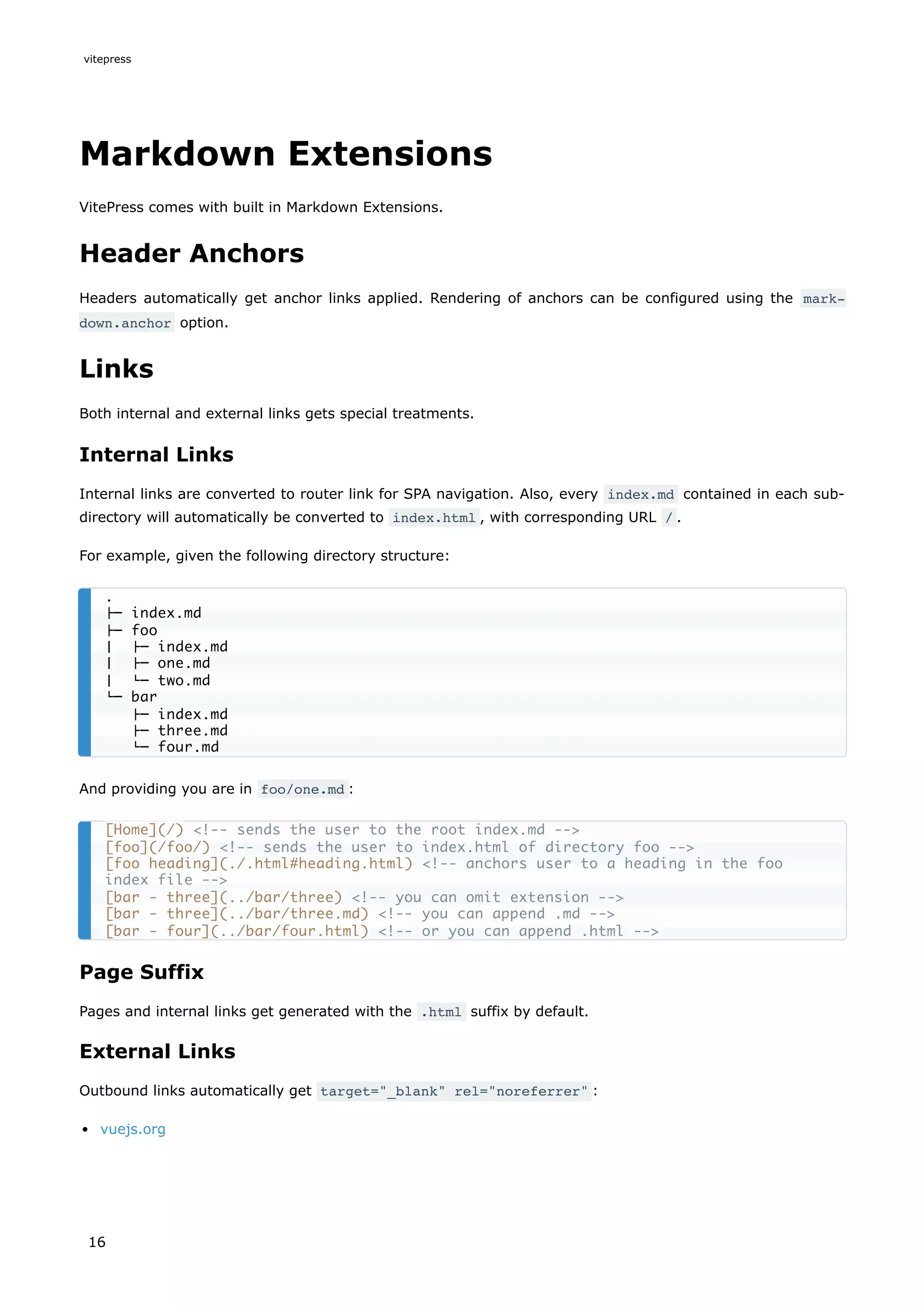 Markdown Extensions
VitePress comes with built in Markdown Extensions.
Header Anchors
Headers automatically get anchor links applied. Rendering of anchors can be configured using the mark‐
down.anchor option.
Links
Both internal and external links gets special treatments.
Internal Links
Internal links are converted to router link for SPA navigation. Also, every index.md contained in each sub-
directory will automatically be converted to index.html , with corresponding URL / .
For example, given the following directory structure:
And providing you are in foo/one.md :
Page Suffix
Pages and internal links get generated with the .html suffix by default.
External Links
Outbound links automatically get target="_blank" rel="noreferrer" :
vuejs.org
.
├─ index.md
├─ foo
│ ├─ index.md
│ ├─ one.md
│ └─ two.md
└─ bar
├─ index.md
├─ three.md
└─ four.md
[Home](/) <!-- sends the user to the root index.md -->
[foo](/foo/) <!-- sends the user to index.html of directory foo -->
[foo heading](./.html#heading.html) <!-- anchors user to a heading in the foo
index file -->
[bar - three](../bar/three) <!-- you can omit extension -->
[bar - three](../bar/three.md) <!-- you can append .md -->
[bar - four](../bar/four.html) <!-- or you can append .html -->
vitepress
16
 