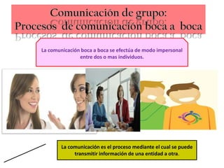 La comunicación boca a boca se efectúa de modo impersonal
               entre dos o mas individuos.




        La comunicación es el proceso mediante el cual se puede
             transmitir información de una entidad a otra.
 