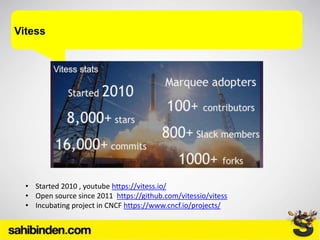 Vitess
• Started 2010 , youtube https://vitess.io/
• Open source since 2011 https://github.com/vitessio/vitess
• Incubating project in CNCF https://www.cncf.io/projects/
 