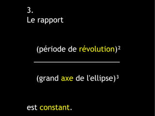 1 ligne 2 ligne 3 ligne 4 ligne
0
2
4
6
8
10
12
1 colonne
2 colonne
3 colonne
3.
Le rapport
(période de révolution)²
_____________________
(grand axe de l'ellipse)³
est constant.
 