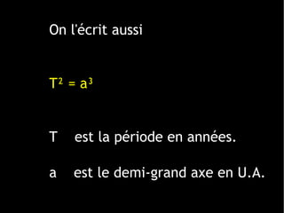 1 ligne 2 ligne 3 ligne 4 ligne
0
2
4
6
8
10
12
1 colonne
2 colonne
3 colonne
On l'écrit aussi
T² = a³
T est la période en années.
a est le demi-grand axe en U.A.
 