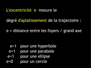 1 ligne 2 ligne 3 ligne 4 ligne
0
2
4
6
8
10
12
1 colonne
2 colonne
3 colonne
L'excentricité e mesure le
degré d'aplatissement de la trajectoire :
e = distance entre les foyers / grand axe
e>1 pour une hyperbole
e=1 pour une parabole
e<1 pour une ellipse
e=0 pour un cercle
 