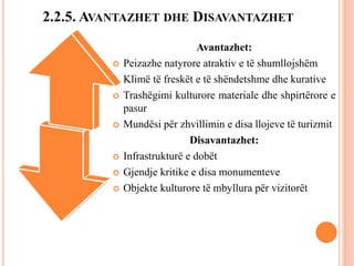 2.2.5. AVANTAZHET DHE DISAVANTAZHET
Avantazhet:
 Peizazhe natyrore atraktiv e të shumllojshëm
 Klimë të freskët e të shëndetshme dhe kurative
 Trashëgimi kulturore materiale dhe shpirtërore e
pasur
 Mundësi për zhvillimin e disa llojeve të turizmit
Disavantazhet:
 Infrastrukturë e dobët
 Gjendje kritike e disa monumenteve
 Objekte kulturore të mbyllura për vizitorët
 