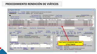 PROCEDIMIENTO RENDICIÓN DE VIÁTICOS
Para hacer la rendición debe tener
la fase Pagado
 