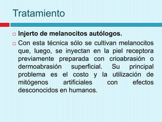 Tratamiento



Injerto de melanocitos autólogos.
Con esta técnica sólo se cultivan melanocitos
que, luego, se inyectan en la piel receptora
previamente preparada con crioabrasión o
dermoabrasión superficial. Su principal
problema es el costo y la utilización de
mitógenos
artificiales
con
efectos
desconocidos en humanos.

 