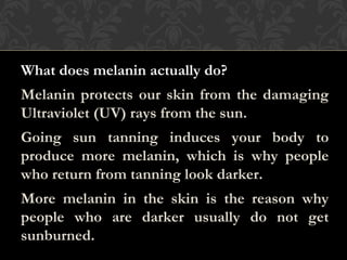 What does melanin actually do?
Melanin protects our skin from the damaging
Ultraviolet (UV) rays from the sun.
Going sun tanning induces your body to
produce more melanin, which is why people
who return from tanning look darker.
More melanin in the skin is the reason why
people who are darker usually do not get
sunburned.
 