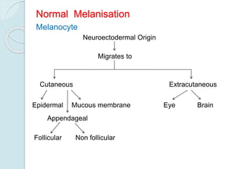 Normal Melanisation
Neuroectodermal Origin
Migrates to
Cutaneous
Epidermal
Appendageal
Mucous membrane
Follicular Non follicular
Extracutaneous
Eye Brain
Melanocyte
 
