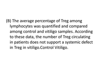 (B) The average percentage of Treg among
lymphocytes was quantified and compared
among control and vitiligo samples. According
to these data, the number of Treg circulating
in patients does not support a systemic defect
in Treg in vitiligo.Control Vitiligo.
 