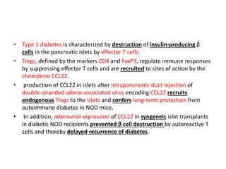 • Type 1 diabetes is characterized by destruction of insulin-producing β
cells in the pancreatic islets by effector T cells.
• Tregs, defined by the markers CD4 and FoxP3, regulate immune responses
by suppressing effector T cells and are recruited to sites of action by the
chemokine CCL22.
• production of CCL22 in islets after intrapancreatic duct injection of
double-stranded adeno-associated virus encoding CCL22 recruits
endogenous Tregs to the islets and confers long-term protection from
autoimmune diabetes in NOD mice.
• In addition, adenoviral expression of CCL22 in syngeneic islet transplants
in diabetic NOD recipients prevented β cell destruction by autoreactive T
cells and thereby delayed recurrence of diabetes.
 