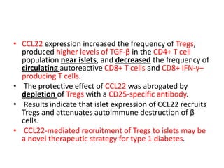 • CCL22 expression increased the frequency of Tregs,
produced higher levels of TGF-β in the CD4+ T cell
population near islets, and decreased the frequency of
circulating autoreactive CD8+ T cells and CD8+ IFN-γ–
producing T cells.
• The protective effect of CCL22 was abrogated by
depletion of Tregs with a CD25-specific antibody.
• Results indicate that islet expression of CCL22 recruits
Tregs and attenuates autoimmune destruction of β
cells.
• CCL22-mediated recruitment of Tregs to islets may be
a novel therapeutic strategy for type 1 diabetes.
 