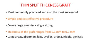 THIN SPLIT THICKNESS GRAFT
• Most commonly practiced and also the most successful
• Simple and cost effective procedure
• Covers large areas in a single sitting
• Thickness of the graft ranges from 0.1 mm to 0.7 mm
• Large areas, abdomen, legs, eyelids, areola, nipple, genitals
 
