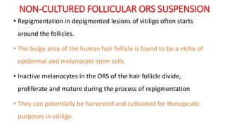 NON-CULTURED FOLLICULAR ORS SUSPENSION
• Repigmentation in depigmented lesions of vitiligo often starts
around the follicles.
• The bulge area of the human hair follicle is found to be a niche of
epidermal and melanocyte stem cells.
• Inactive melanocytes in the ORS of the hair follicle divide,
proliferate and mature during the process of repigmentation
• They can potentially be harvested and cultivated for therapeutic
purposes in vitiligo.
 