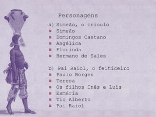 Personagens
a) Simeão, o crioulo
   Simeão
   Domingos Caetano
   Angélica
   Florinda
   Hermano de Sales

b) Pai Raiol, o feiticeiro
   Paulo Borges
   Teresa
   Os filhos Inês e Luís
   Esméria
   Tio Alberto
   Pai Raiol
 
