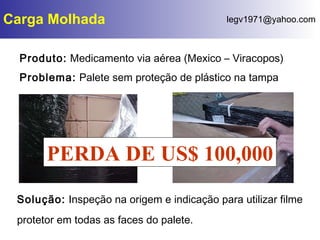 Carga Molhada Produto:  Medicamento via aérea (Mexico – Viracopos) Problema:  Palete sem proteção de plástico na tampa Solução:  Inspeção na origem e indicação para utilizar filme protetor em todas as faces do palete. PERDA DE US$ 100,000 