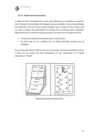Vitivinicultura




   9.2.5.1. Análise de terra (execução)


A análise de terra é encarada como o meio mais frequente para a avaliação da riqueza do
solo e respectiva recomendação de adubação, para que seja feita a mais correcta utilização
dos fertilizantes. Para tal torna-se de todo necessário que a amostra de terra, sobre a qual
vai incidir a análise, seja representativa da parcela onde se pretende fazer a plantação.
Desta forma faz-se a colheita de amostras parciais, que devem ter em atenção o facto de:


    •    O solo não se apresentar demasiado seco ou muito húmido;
    •    No local onde se faz a colheita não ter estado depositado qualquer tipo de
         fertilizante.


De um modo geral devem colher-se cerca de 4-5 amostras, às duas profundidades (0-20 cm
e 20-50 cm), por hectare, de forma heterogénea (ver fig.), obedecendo a um traçado
designado por “Estrela”.




                           Esquema para recolha de amostras de solo




                                                                                        106
 