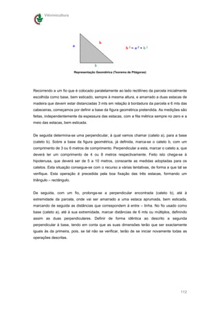 Vitivinicultura




                          Representação Geométrica (Teorema de Pitágoras)




Recorrendo a um fio que é colocado paralelamente ao lado rectilíneo da parcela inicialmente
escolhida como base, bem esticado, sempre à mesma altura, e amarrado a duas estacas de
madeira que devem estar distanciadas 3 mts em relação à bordadura da parcela e 6 mts das
cabeceiras, começamos por definir a base da figura geométrica pretendida. As medições são
feitas, independentemente da espessura das estacas, com a fita métrica sempre no zero e a
meio das estacas, bem esticada.


De seguida determina-se uma perpendicular, à qual vamos chamar (cateto a), para a base
(cateto b). Sobre a base da figura geométrica, já definida, marca-se o cateto b, com um
comprimento de 3 ou 6 metros de comprimento. Perpendicular a esta, marcar o cateto a, que
deverá ter um comprimento de 4 ou 8 metros respectivamente. Feito isto chega-se à
hipotenusa, que deverá ser de 5 a 10 metros, consoante as medidas adoptadas para os
catetos. Esta situação consegue-se com o recurso a várias tentativas, de forma a que tal se
verifique. Esta operação é precedida pela boa fixação das três estacas, formando um
triângulo – rectângulo.


De seguida, com um fio, prolonga-se a perpendicular encontrada (cateto b), até à
extremidade da parcela, onde vai ser amarrado a uma estaca aprumada, bem esticada,
marcando de seguida as distâncias que correspondem à entre – linha. No fio usado como
base (cateto a), até à sua extremidade, marcar distâncias de 6 mts ou múltiplos, definindo
assim as duas perpendiculares. Definir de forma idêntica ao descrito a segunda
perpendicular à base, tendo em conta que as suas dimensões terão que ser exactamente
iguais às da primeira, pois, se tal não se verificar, terão de se iniciar novamente todas as
operações descritas.




                                                                                        112
 