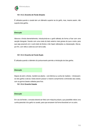 Vitivinicultura




   10.1.12.2. Enxertia de Fenda Simples


É utilizada quando o cavalo tem um diâmetro superior ao do garfo, mas, mesmo assim, não
suporta dois garfos.




Execução


Abre-se a fenda diametralmente, introduzindo-se o garfo talhado de forma a ficar com uma
secção triangular, ficando com uma costa do lado externo mais grossa do que a outra, para
que seja possível unir o outro lado da fenda e não hajam alterações ou dessecação. Ata-se,
por fim, com ráfia e cobre-se com terra solta.




   10.1.12.3. Enxertia de Fenda Dupla


É utilizada quando o diâmetro do porta-enxerto permite a introdução de dois garfos.




Execução


Depois de abrir a fenda, mantém-se aberta – com lâmina ou cunha de madeira – introduzem-
se dois garfos e ata-se. Estes devem possuir o mesmo comprimento e dimensão das costas,
com os gomos basais voltados para fora.
   10.1.12.4. Enxertia Vazada




Execução


Em vez de fender, o encaixe deverá ser feito com máquina própria, que possibilite retirar uma
cunha parecida à do garfo no cavalo, para que encaixem de forma favorável um no outro.




                                                                                         133
 