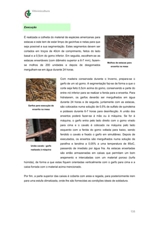 Vitivinicultura




Execução


É realizada a colheita do material de espécies americanas para
estacas e este tem de estar limpo de gavinhas e netas para que
seja possível a sua segmentação. Estes segmentos devem ser
cortados em troços de 40cm de comprimento, feitos do lado
basal e a 0,5cm do gomo inferior. Em seguida, escolhem-se as
estacas enxertáveis (com diâmetro superior a 6-7 mm), fazem-
                                                                     Molhos de estacas para
se molhos de 200 unidades e depois de desgomados                        enxertia na mesa
mergulham-se em água durante 24 horas.


                             Com madeira conservada durante o Inverno, prepara-se o
                             garfo de um só gomo. A segmentação faz-se de forma a que o
                             corte seja feito 0,5cm acima do gomo, conservando a parte do
                             entre–nó inferior para se realizar a fenda para a enxertia. Para
                             hidratarem, os garfos deverão ser mergulhados em água
                             durante 24 horas e de seguida, juntamente com as estacas,
   Garfos para execução de
                             são colocados numa solução de 0,5% de sulfato de quinoleina
      enxertia na mesa
                             e potássio durante 6-7 horas para desinfecção. A união dos
                             enxertos poderá fazer-se à mão ou à máquina. Se for à
                             máquina, o garfo entra pelo lado direito com o gomo virado
                             para cima e o cavalo é colocado na máquina pelo lado
                             esquerdo com a ferida do gomo voltada para baixo, sendo
                             fendido o cavalo e fixado o garfo em simultâneo. Depois de
                             executados, os enxertos são mergulhados numa solução de
                             parafina e lanolina a 0,05% a uma temperatura de 85oC,
     União cavalo - garfo
     realizada à máquina
                             passando de imediato por água fria. As estacas enxertadas
                             são então armazenadas em caixas que permitam um bom
                             arejamento e intercaladas com um material poroso (turfa
húmida), de forma a que estas fiquem orientadas verticalmente com o garfo para cima e a
caixa forrada com o material acima mencionado.


Por fim, a parte superior das caixas é coberta com areia e regada, para posteriormente irem
para uma estufa climatizada, onde lhe são fornecidas as condições ideais de soldadura.




                                                                                           135
 