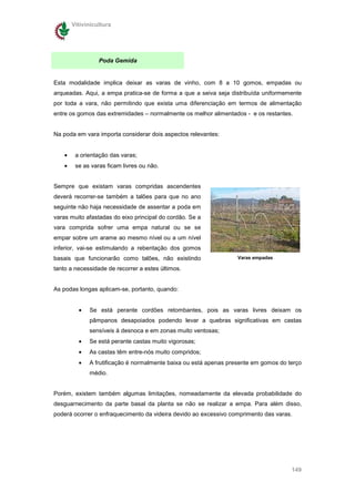 Vitivinicultura




                  Poda Gemida


Esta modalidade implica deixar as varas de vinho, com 8 a 10 gomos, empadas ou
arqueadas. Aqui, a empa pratica-se de forma a que a seiva seja distribuída uniformemente
por toda a vara, não permitindo que exista uma diferenciação em termos de alimentação
entre os gomos das extremidades – normalmente os melhor alimentados - e os restantes.


Na poda em vara importa considerar dois aspectos relevantes:


    •    a orientação das varas;
    •    se as varas ficam livres ou não.


Sempre que existam varas compridas ascendentes
deverá recorrer-se também a talões para que no ano
seguinte não haja necessidade de assentar a poda em
varas muito afastadas do eixo principal do cordão. Se a
vara comprida sofrer uma empa natural ou se se
empar sobre um arame ao mesmo nível ou a um nível
inferior, vai-se estimulando a rebentação dos gomos
basais que funcionarão como talões, não existindo                  Varas empadas

tanto a necessidade de recorrer a estes últimos.


As podas longas aplicam-se, portanto, quando:


          •   Se está perante cordões retombantes, pois as varas livres deixam os
              pâmpanos desapoiados podendo levar a quebras significativas em castas
              sensíveis à desnoca e em zonas muito ventosas;
          •   Se está perante castas muito vigorosas;
          •   As castas têm entre-nós muito compridos;
          •   A frutificação é normalmente baixa ou está apenas presente em gomos do terço
              médio.


Porém, existem também algumas limitações, nomeadamente da elevada probabilidade do
desguarnecimento da parte basal da planta se não se realizar a empa. Para além disso,
poderá ocorrer o enfraquecimento da videira devido ao excessivo comprimento das varas.




                                                                                      149
 