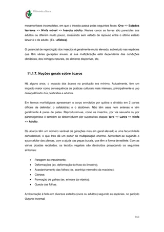 Vitivinicultura




metamorfoses incompletas, em que o insecto passa pelas seguintes fases: Ovo => Estados
larvares => Ninfa móvel => Insecto adulto. Nestes casos as larvas são parecidas aos
adultos ou diferem muito pouco, crescendo sem estado de repouso entre o último estado
larvar e o de adulto. (Ex.: afídeos).


O potencial de reprodução dos insectos é geralmente muito elevado, sobretudo nas espécies
que têm várias gerações anuais. A sua multiplicação está dependente das condições
climáticas, dos inimigos naturais, do alimento disponível, etc.




  11.1.7. Noções gerais sobre ácaros


Há alguns anos, o impacto dos ácaros na produção era mínimo. Actualmente, têm um
impacto maior como consequência de práticas culturais mais intensas, principalmente o uso
desequilibrado dos pesticidas e adubos.


Em termos morfológicos apresentam o corpo envolvido por quitina e dividido em 2 partes
difíceis de delimitar: o cefalotórax e o abdómen. Não têm asas nem antenas e têm
geralmente 4 pares de patas. Reproduzem-se, como os insectos, por via sexuada ou por
partenogénese e também se desenvolvem por sucessivas etapas: Ovo => Larva => Ninfa
=> Adulto.


Os ácaros têm um número variável de gerações mas em geral elevado e uma fecundidade
considerável, o que lhes dá um poder de multiplicação enorme. Alimentam-se sugando o
suco celular das plantas, com a ajuda das peças bucais, que têm a forma de estilete. Com as
várias picadas recebidas, os tecidos vegetais são destruídos provocando os seguintes
sintomas:


    •    Paragem do crescimento;
    •    Deformações (ex. deformação do fruto do limoeiro);
    •    Acastanhamento das folhas (ex. aranhiço vermelho da macieira);
    •    Clorose;
    •    Formação de galhas (ex. erinose da videira);
    •    Queda das folhas.


A hibernação é feita em diversos estados (ovos ou adultos) segundo as espécies, no período
Outono-Invernal.




                                                                                       160
 