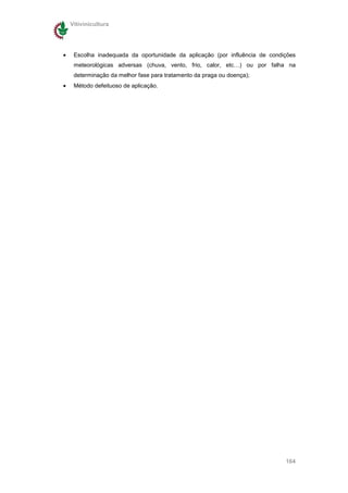 Vitivinicultura




•    Escolha inadequada da oportunidade da aplicação (por influência de condições
     meteorológicas adversas (chuva, vento, frio, calor, etc…) ou por falha na
     determinação da melhor fase para tratamento da praga ou doença);
•    Método defeituoso de aplicação.




                                                                             164
 