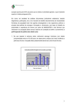 Vitivinicultura




europeia aponta para 8,6% de jovens que se dedica à actividade agrícola, o que é bastante
superior à média portuguesa (4%).


Em suma, em resultado de análises documentais (indicadores estatísticos, estudos
diagnósticos, publicações, etc.) e do mercado de trabalho (levantamentos de necessidades
formativas da população local, dos agentes empregadores e dos organismos públicos e
privados das políticas de emprego e formação) e, obviamente, com base no trabalho de
proximidade e experiência de terreno por parte da MARQUIFOR e dos técnicos que
intervieram na concepção deste manual, estamos em condições de definir, sucintamente, o
perfil esperado do público-alvo deste curso:


1. No que respeita à estrutura etária, estimamos abranger indivíduos com idades
   compreendidas entre os 16 e 65 anos, em idade activa, embora com maior incidência a
   partir dos 35 anos. O escalão etário predominante deverá ser o dos 45 aos 54 anos.




                                                                                        8
 