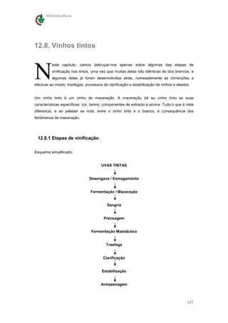 Vitivinicultura




12.8. Vinhos tintos



N
          este capítulo, vamos debruçar-nos apenas sobre algumas das etapas de
          vinificação nos tintos, uma vez que muitas delas são idênticas às dos brancos, e
          algumas delas já foram desenvolvidas atrás, nomeadamente as correcções a
efectuar ao mosto, trasfegas, processos de clarificação e estabilização de vinhos e atestos.


Um vinho tinto é um vinho de maceração. A maceração dá ao vinho tinto as suas
características específicas: cor, tanino, componentes de extracto e aroma. Tudo o que à vista
diferencia, e ao paladar se nota, entre o vinho tinto e o branco, é consequência dos
fenómenos de maceração.




 12.8.1 Etapas de vinificação


Esquema simplificado:


                                       UVAS TINTAS


                                Desengace / Esmagamento


                                 Fermentação / Maceração


                                          Sangria


                                         Prensagem


                                 Fermentação Maloláctica


                                          Trasfega


                                        Clarificação


                                       Estabilização


                                       Armazenagem



                                                                                          227
 