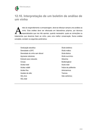 Vitivinicultura




12.10. Interpretação de um boletim de análise de
um vinho



A
         ntes do engarrafamento e armazenagem, deve-se efectuar sempre uma análise ao
         vinho. Esta análise deve ser efectuada em laboratórios próprios, por técnicos
         especializados que nos irão apontar, quando necessário, quais as correcções ou
tratamentos que devemos fazer ao vinho, para uma melhor conservação. Numa análise
completa, constam os seguintes parâmetros:




       Graduação alcoólica                                  Ácido tartárico
       Densidade a 20ºC                                     Ácido málico
       Densidade do vinho sem álcool                        Ácido láctico
       Açúcares redutores                                   Ácido succínico
       Extracto seco reduzido                               Glicerina
       Cinzas                                               Butileneglicol
       Acidez total                                         Azoto total
       Acidez volátil                                       Índice de polifenóis
       Acidez fixa                                          Antocianinos
       Acetato de etilo                                     Taninos
       SO2 livre                                            Gás carbónico
       SO2 total




                                                                                   233
 