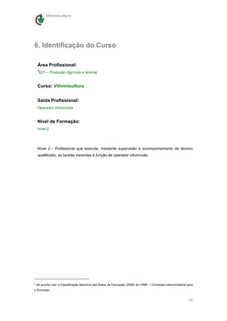Vitivinicultura




6. Identificação do Curso

    Área Profissional:
    4
     621 – Produção Agrícola e Animal


    Curso: Vitivinicultura


    Saída Profissional:
    Operador Vitivinícola


    Nível de Formação:
    nível 2




    Nível 2 - Profissional que executa, mediante supervisão e acompanhamento de técnico
    qualificado, as tarefas inerentes à função de operador vitivinícola.




4
    de acordo com a Classificação Nacional das Áreas de Formação (2000) do CIME – Comissão Interministerial para
o Emprego


                                                                                                             15
 