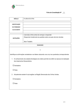 Vitivinicultura




                                                             Ficha de Consolidação Nº      1



      MÓDULO           A cultura da vinha



   IDENTIFICAÇÃO

   DO FORMANDO

    OU DO GRUPO



                       -Leia toda a ficha antes de começar a responder
                       -Responda inicialmente às questões sobre as quais não tem dúvidas
    INSTRUÇÕES


                       -Bom Trabalho

                                             ENUNCIADO



                                                  I


Identifique as afirmações verdadeiras e as falsas colocando uma cruz nos quadrados correspondentes


  1. O conhecimento dos estados fenológicos da videira permite-nos definir as épocas de realização
      dos tratamentos fitossanitários.


       Verdadeiro


       Falso


  2. Actualmente existem 6 sub-regiões na Região Demarcada dos Vinhos Verdes.


       Verdadeiro


       Falso




                                                                                           251
 