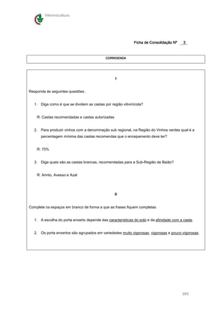 Vitivinicultura




                                                             Ficha de Consolidação Nº     3



                                             CORRIGENDA




                                                  I


Responda ás seguintes questões:.


   1. Diga como é que se dividem as castas por região vitivinícola?


    R: Castas recomendadas e castas autorizadas


   2. Para produzir vinhos com a denominação sub regional, na Região do Vinhos verdes qual é a
      percentagem mínima das castas recomendas que o encepamento deve ter?


    R: 75%


   3. Diga quais são as castas brancas, recomendadas para a Sub-Região de Baião?


    R: Arinto, Avesso e Azal




                                                  II


Complete os espaços em branco de forma a que as frases fiquem completas.


   1. A escolha do porta enxerto depende das características do solo e da afinidade com a casta.


   2. Os porta enxertos são agrupados em variedades muito vigorosas, vigorosas e pouco vigorosas.




                                                                                         265
 