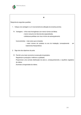 Vitivinicultura




                                                        III


Responda ás seguintes questões:


  1. Indique uma vantagem e um inconveniente da utilização de enxertos-prontos.


    R: Vantagens: - vinha mais homogéneas com menor número de falhas;
                      - menor consumo de mão-de-obra especializada;
                      - soldaduras perfeitas com risco mínimo de estrangulamento


        Inconvenientes: - mais caros que os bacelos
                          - maior número de cuidados na ano de instalação, nomeadamente          em
                          tratamentos fitossanitários


  2. Diga dois dos objectivos da poda.


    R: Permitir uma maior economia na execução de granjeios;
        Regularizar a produção e melhorar a qualidade;
        Proporcionar uma correcta distribuição da seiva e, consequentemente, o equilíbrio vegetativo
        da videira;
        Aumentar a longevidade da videira;




                                                                                        291
 