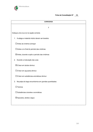 Vitivinicultura




                                                          Ficha de Consolidação Nº   10



                                             CORRIGENDA



                                                  I


Coloque uma cruz (x) na opção correcta.


  1. A adega e material vinário devem ser lavados:


       Antes da vindima começar


       Antes e no final do período das vindimas


       Antes, durante e após o período das vindimas


  2. Durante a maturação das uvas:


       O teor em ácidos diminui


       O teor em açucares diminui


       O teor em substâncias aromáticas diminui


  3. Na polpa do bago encontramos em grandes quantidades:


       Taninos


       Substâncias corantes e aromáticas


       Açúcares, ácidos e água




                                                                                     331
 