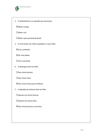 Vitivinicultura




4. O refractómetro é um aparelho que serve para:


    Medir a acidez


    Medir o pH


    Medir o grau provável de álcool


5. O vinho branco de melhor qualidade é o que é feito:


    Com curtimenta


    De “bica aberta


    Com uvas tintas


6. O desengace deve ser feito:


    Nos vinhos brancos


    Nos vinhos tintos


    Nos vinhos tintos para envelhecer


7. A aplicação de sufuroso deve ser feita:


    Apenas nos vinhos brancos


    Apenas nos vinhos tintos


    Nos vinhos brancos e nos tintos




                                                         332
 