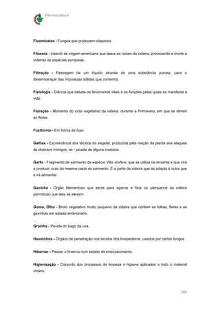 Vitivinicultura




Ficomicetas - Fungos que produzem oósporos.


Filoxera - Insecto de origem americana que ataca as raízes da videira, provocando a morte a
videiras de espécies europeias.


Filtração - Passagem de um líquido através de uma substância porosa, para o
desembaraçar das impurezas sólidas que contenha.


Fisiologia - Ciência que estuda os fenómenos vitais e as funções pelas quais se manifesta a
vida.


Floração - Momento do ciclo vegetativo da videira, durante a Primavera, em que se abrem
as flores.


Fuziforme - Em forma de fuso.


Galhas - Excrescência dos tecidos do vegetal, produzida pela reação da planta aos ataques
de diversos inimigos, ex - picada de alguns insectos.


Garfo - Fragmento de sarmento da espécie Vitis vinifera, que se utiliza na enxertia e que virá
a produzir uvas da mesma casta do sarmento. É a parte da videira que se adapta à outra que
a irá alimentar.


Gavinha - Órgão filamentoso que serve para agarrar e fixar os pâmpanos da videira
permitindo que eles se elevem.


Gomo, Olho - Broto vegetativo muito pequeno da videira que contem as folhas, flores e as
gavinhas em estado embrionário.


Grainha - Pevide do bago da uva.


Haustórios - Órgãos de penetração nos tecidos dos hospedeiros, usados por certos fungos.


Hibernar - Passar o Inverno num estado de entorpecimento.


Higienização - Conjunto dos processos de limpeza e higiene aplicados a todo o material
vinário.




                                                                                          345
 