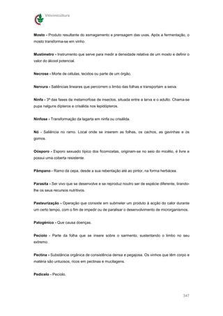 Vitivinicultura




Mosto - Produto resultante do esmagamento e prensagem das uvas. Após a fermentação, o
mosto transforma-se em vinho.


Mustímetro - Instrumento que serve para medir a densidade relativa de um mosto e definir o
valor do álcool potencial.


Necrose - Morte de células, tecidos ou parte de um órgão.


Nervura - Saliências lineares que percorrem o limbo das folhas e transportam a seiva.


Ninfa - 3ª das fases da metamorfose de insectos, situada entre a larva e o adulto. Chama-se
pupa nalguns dípteros e crisálida nos lepidópteros.


Ninfose - Transformação da lagarta em ninfa ou crisálida.


Nó - Saliência no ramo. Local onde se inserem as folhas, os cachos, as gavinhas e os
gomos.


Oósporo - Esporo sexuado típico dos ficomicetas, originam-se no seio do micélio, é livre e
possui uma coberta resistente.


Pâmpano - Ramo da cepa, desde a sua rebentação até ao pintor, na forma herbácea.


Parasita - Ser vivo que se desenvolve e se reproduz noutro ser de espécie diferente, tirando-
lhe os seus recursos nutritivos.


Pasteurização - Operação que consiste em submeter um produto à acção do calor durante
um certo tempo, com o fim de impedir ou de paralisar o desenvolvimento de microrganismos.


Patogénico - Que causa doenças.


Pecíolo - Parte da folha que se insere sobre o sarmento, sustentando o limbo no seu
extremo.


Pectina - Substância orgânica de consistência densa e pegajosa. Os vinhos que têm corpo e
matéria são untuosos, ricos em pectinas e mucilagens.


Pedicelo - Pecíolo.




                                                                                         347
 