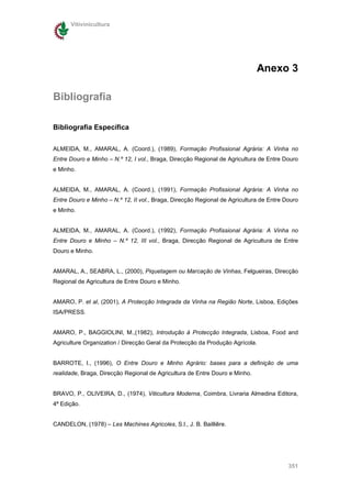 Vitivinicultura




                                                                             Anexo 3

Bibliografia

Bibliografia Específica

ALMEIDA, M., AMARAL, A. (Coord.), (1989), Formação Profissional Agrária: A Vinha no
Entre Douro e Minho – N.º 12, I vol., Braga, Direcção Regional de Agricultura de Entre Douro
e Minho.


ALMEIDA, M., AMARAL, A. (Coord.), (1991), Formação Profissional Agrária: A Vinha no
Entre Douro e Minho – N.º 12, II vol., Braga, Direcção Regional de Agricultura de Entre Douro
e Minho.


ALMEIDA, M., AMARAL, A. (Coord.), (1992), Formação Profissional Agrária: A Vinha no
Entre Douro e Minho – N.º 12, III vol., Braga, Direcção Regional de Agricultura de Entre
Douro e Minho.


AMARAL, A., SEABRA, L., (2000), Piquetagem ou Marcação de Vinhas, Felgueiras, Direcção
Regional de Agricultura de Entre Douro e Minho.


AMARO, P. et al, (2001), A Protecção Integrada da Vinha na Região Norte, Lisboa, Edições
ISA/PRESS.


AMARO, P., BAGGIOLINI, M.,(1982), Introdução à Protecção Integrada, Lisboa, Food and
Agriculture Organization / Direcção Geral da Protecção da Produção Agrícola.


BARROTE, I., (1996), O Entre Douro e Minho Agrário: bases para a definição de uma
realidade, Braga, Direcção Regional de Agricultura de Entre Douro e Minho.


BRAVO, P., OLIVEIRA, D., (1974), Viticultura Moderna, Coimbra, Livraria Almedina Editora,
4ª Edição.


CANDELON, (1978) – Les Machines Agricoles, S.l., J. B. Bailliêre.




                                                                                         351
 