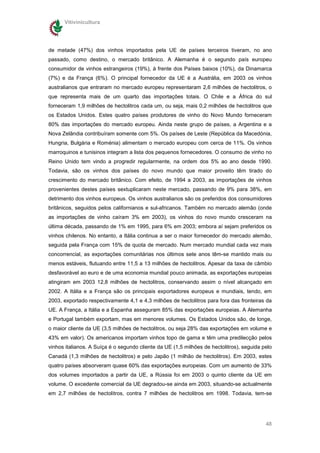 Vitivinicultura




de metade (47%) dos vinhos importados pela UE de países terceiros tiveram, no ano
passado, como destino, o mercado britânico. A Alemanha é o segundo país europeu
consumidor de vinhos estrangeiros (19%), à frente dos Países baixos (10%), da Dinamarca
(7%) e da França (6%). O principal fornecedor da UE é a Austrália, em 2003 os vinhos
australianos que entraram no mercado europeu representaram 2,6 milhões de hectolitros, o
que representa mais de um quarto das importações totais. O Chile e a África do sul
forneceram 1,9 milhões de hectolitros cada um, ou seja, mais 0,2 milhões de hectolitros que
os Estados Unidos. Estes quatro países produtores de vinho do Novo Mundo forneceram
80% das importações do mercado europeu. Ainda neste grupo de países, a Argentina e a
Nova Zelândia contribuíram somente com 5%. Os países de Leste (República da Macedónia,
Hungria, Bulgária e Roménia) alimentam o mercado europeu com cerca de 11%. Os vinhos
marroquinos e tunisinos integram a lista dos pequenos fornecedores. O consumo de vinho no
Reino Unido tem vindo a progredir regularmente, na ordem dos 5% ao ano desde 1990.
Todavia, são os vinhos dos países do novo mundo que maior proveito têm tirado do
crescimento do mercado britânico. Com efeito, de 1994 a 2003, as importações de vinhos
provenientes destes países sextuplicaram neste mercado, passando de 9% para 38%, em
detrimento dos vinhos europeus. Os vinhos australianos são os preferidos dos consumidores
britânicos, seguidos pelos californianos e sul-africanos. Também no mercado alemão (onde
as importações de vinho caíram 3% em 2003), os vinhos do novo mundo cresceram na
última década, passando de 1% em 1995, para 6% em 2003; embora aí sejam preferidos os
vinhos chilenos. No entanto, a Itália continua a ser o maior fornecedor do mercado alemão,
seguida pela França com 15% de quota de mercado. Num mercado mundial cada vez mais
concorrencial, as exportações comunitárias nos últimos sete anos têm-se mantido mais ou
menos estáveis, flutuando entre 11,5 a 13 milhões de hectolitros. Apesar da taxa de câmbio
desfavorável ao euro e de uma economia mundial pouco animada, as exportações europeias
atingiram em 2003 12,8 milhões de hectolitros, conservando assim o nível alcançado em
2002. A Itália e a França são os principais exportadores europeus e mundiais, tendo, em
2003, exportado respectivamente 4,1 e 4,3 milhões de hectolitros para fora das fronteiras da
UE. A França, a Itália e a Espanha asseguram 85% das exportações europeias. A Alemanha
e Portugal também exportam, mas em menores volumes. Os Estados Unidos são, de longe,
o maior cliente da UE (3,5 milhões de hectolitros, ou seja 28% das exportações em volume e
43% em valor). Os americanos importam vinhos topo de gama e têm uma predilecção pelos
vinhos italianos. A Suíça é o segundo cliente da UE (1,5 milhões de hectolitros), seguida pelo
Canadá (1,3 milhões de hectolitros) e pelo Japão (1 milhão de hectolitros). Em 2003, estes
quatro países absorveram quase 60% das exportações europeias. Com um aumento de 33%
dos volumes importados a partir da UE, a Rússia foi em 2003 o quinto cliente da UE em
volume. O excedente comercial da UE degradou-se ainda em 2003, situando-se actualmente
em 2,7 milhões de hectolitros, contra 7 milhões de hectolitros em 1998. Todavia, tem-se




                                                                                           48
 