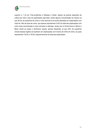 Vitivinicultura




superior a 1 ha em Trás-os-Montes e Ribatejo e Oeste. Apesar da grande dispersão da
cultura por todo o tipo de explorações agrícolas, existe alguma concentração da mesma, já
que 26,3% da superfície de vinha a nível nacional se encontra plantada em explorações com
mais de 10ha de área de vinha, que apenas representam 0,9% do total das explorações com
vinha. Esta concentração é mais marcada no Alentejo, sendo que no Entre Douro e Minho e
Beira Litoral se passa o fenómeno oposto, grande dispersão, já que 30% da superfície
vitícola dessas regiões se localizam em explorações com menos de 0,5ha de vinha, as quais
representam 79,3% e 76,9% respectivamente do total das explorações.




                                                                                      51
 
