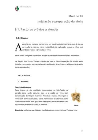 Vitivinicultura




                                                                      Módulo 02
                            Instalação e preparação da vinha

9.1. Factores prévios a atender

 9.1.1 Castas




A
          escolha das castas a plantar toma um papel bastante importante, pois é dai que
          vai resultar a maior ou menor rentabilidade da exploração, no que se refere ou à
          venda de uvas ou à produção de vinho.


Assim sendo a Regiões Vitivinícolas dividem as castas em recomendadas e autorizadas.


Na Região dos Vinhos Verdes e tendo por base a última legislação (Dl 449/99) estão
definidas como castas recomendadas para a obtenção de vinhos com a Denominação Vinho
Verde, as seguintes:




   9.1.1.1. Brancas


   •    Alvarinho


Descrição Abreviada
Casta branca de alta qualidade, recomendada na Sub-Região de
Monção como casta estreme, para a produção de vinho com
Denominação de Origem Alvarinho. Produtiva e rústica. Dá origem a
vinhos com aroma acentuado a casta, harmoniosos e saborosos; como
se tratam dos vinhos mais graduados da Região Demarcada existe uma
regulamentação específica para os mesmos.                                     Cacho


Sinonímia: conhecida por «Galego» ou «Galeguinho» no concelho de Ponte de Lima




                                                                                       71
 