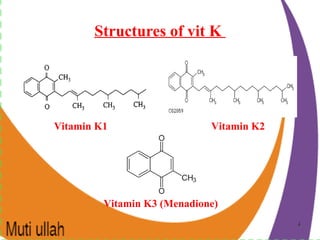 44
Structures of vit K
 C11H8O2C11H8O2
Vitamin K1 Vitamin K2
Vitamin K3 (Menadione)
 
