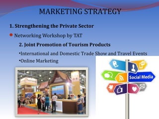 1. Strengthening the Private Sector
Networking Workshop by TAT
2. Joint Promotion of Tourism Products
•International and Domestic Trade Show and Travel Events
•Online Marketing
MARKETING STRATEGY
 