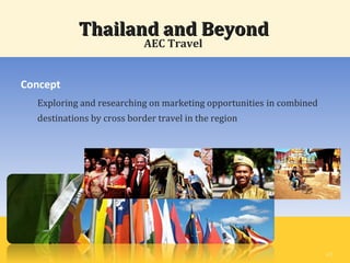 AEC Travel
Concept
Exploring and researching on marketing opportunities in combined
destinations by cross border travel in the region
Thailand and BeyondThailand and Beyond
43
 