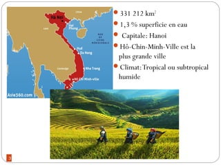 3
331 212 km2
1,3 % superficie en eau
 Capitale: Hanoi
Hô-Chin-Minh-Ville est la
plus grande ville
Climat:Tropical ou subtropical
humide
 