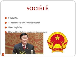 7
88 780 000 hab.
Ilyaunseulparti:c’estlePartiCommuniste Vietnamien
Président:TruogTànSang
Religion:bouddhisme,taoïsmeetconfucianismeetilyaunpeuquisontprotestants
SOCIÉTÉ
 