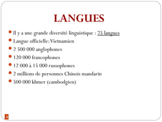 8
Il y a une grande diversité linguistique : 75 langues
Langue officielle:Vietnamien
2 500 000 anglophones
120 000 francophones
12 000 à 15 000 russophones
2 millions de personnes Chinois mandarin
500 000 khmer (cambodgien)
LANGUES
 