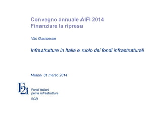 Convegno annuale AIFI 2014
Finanziare la ripresa
Infrastrutture in Italia e ruolo dei fondi infrastrutturali
Milano, 31 marzo 2014
Vito Gamberale
 