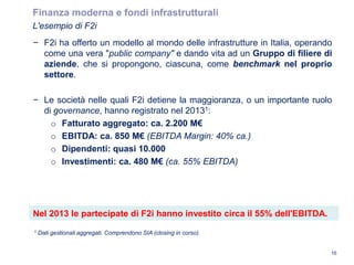 Finanza moderna e fondi infrastrutturali
L'esempio di F2i
16
− F2i ha offerto un modello al mondo delle infrastrutture in Italia, operando
come una vera "public company" e dando vita ad un Gruppo di filiere di
aziende, che si propongono, ciascuna, come benchmark nel proprio
settore.
− Le società nelle quali F2i detiene la maggioranza, o un importante ruolo
di governance, hanno registrato nel 20131:
o Fatturato aggregato: ca. 2.200 M€
o EBITDA: ca. 850 M€ (EBITDA Margin: 40% ca.)
o Dipendenti: quasi 10.000
o Investimenti: ca. 480 M€ (ca. 55% EBITDA)
Nel 2013 le partecipate di F2i hanno investito circa il 55% dell'EBITDA.
1 Dati gestionali aggregati. Comprendono SIA (closing in corso).
 
