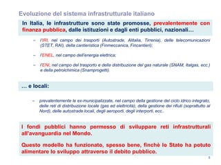 5
Evoluzione del sistema infrastrutturale italiano
In Italia, le infrastrutture sono state promosse, prevalentemente con
finanza pubblica, dalle istituzioni e dagli enti pubblici, nazionali…
– l‟IRI, nel campo dei trasporti (Autostrade, Alitalia, Tirrenia), delle telecomunicazioni
(STET, RAI), della cantieristica (Finmeccanica, Fincantieri);
– l‟ENEL, nel campo dell‟energia elettrica;
– l‟ENI, nel campo del trasporto e della distribuzione del gas naturale (SNAM, Italgas, ecc.)
e della petrolchimica (Snamprogetti).
… e locali:
– prevalentemente le ex-municipalizzate, nel campo della gestione del ciclo idrico integrato,
delle reti di distribuzione locale (gas ed elettricità), della gestione dei rifiuti (soprattutto al
Nord), delle autostrade locali, degli aeroporti, degli interporti, ecc..
I fondi pubblici hanno permesso di sviluppare reti infrastrutturali
all'avanguardia nel Mondo.
Questo modello ha funzionato, spesso bene, finchè lo Stato ha potuto
alimentare lo sviluppo attraverso il debito pubblico.
 