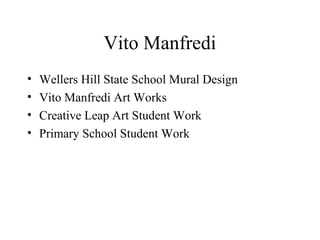Vito Manfredi
• Wellers Hill State School Mural Design
• Vito Manfredi Art Works
• Creative Leap Art Student Work
• Primary School Student Work
 